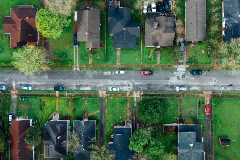 Home 2 Highangle aerial shot of a suburban neighborhood street line 1781024416